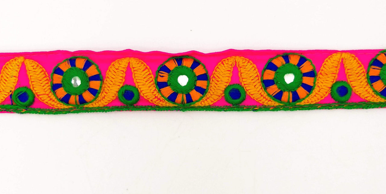 Fuchsia Pink Mirrored Fabric Trim With Yellow, Green, Blue And Orange Embroidery, Approx. 26mm Wide, Trim By Yard, Embroidered Trimming
