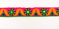 Thumbnail for Fuchsia Pink Mirrored Fabric Trim With Yellow, Green, Blue And Orange Embroidery, Approx. 26mm Wide, Trim By Yard, Embroidered Trimming