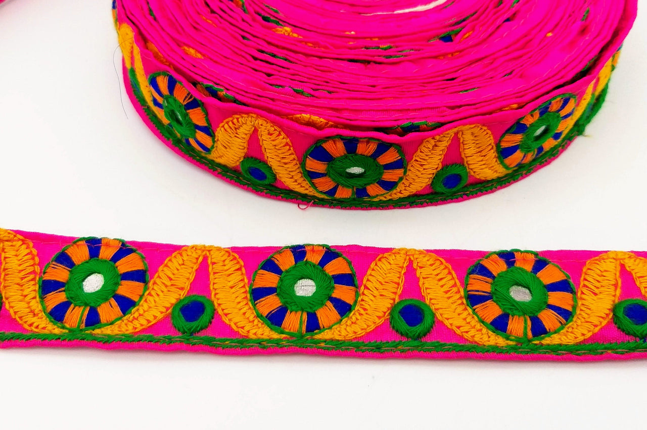 Fuchsia Pink Mirrored Fabric Trim With Yellow, Green, Blue And Orange Embroidery, Approx. 26mm Wide, Trim By Yard, Embroidered Trimming