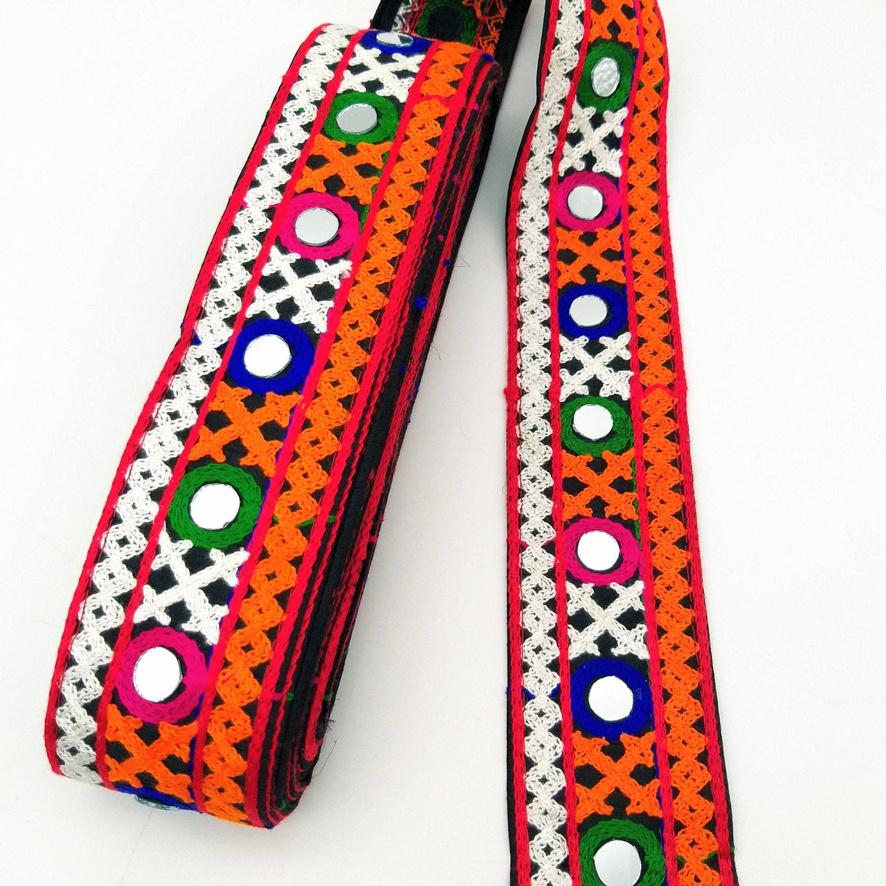 Black Cotton Fabric Trim with Multicolor Embroidery and Real Mirror, Kutch Embroidery Trim, Mirror Lace