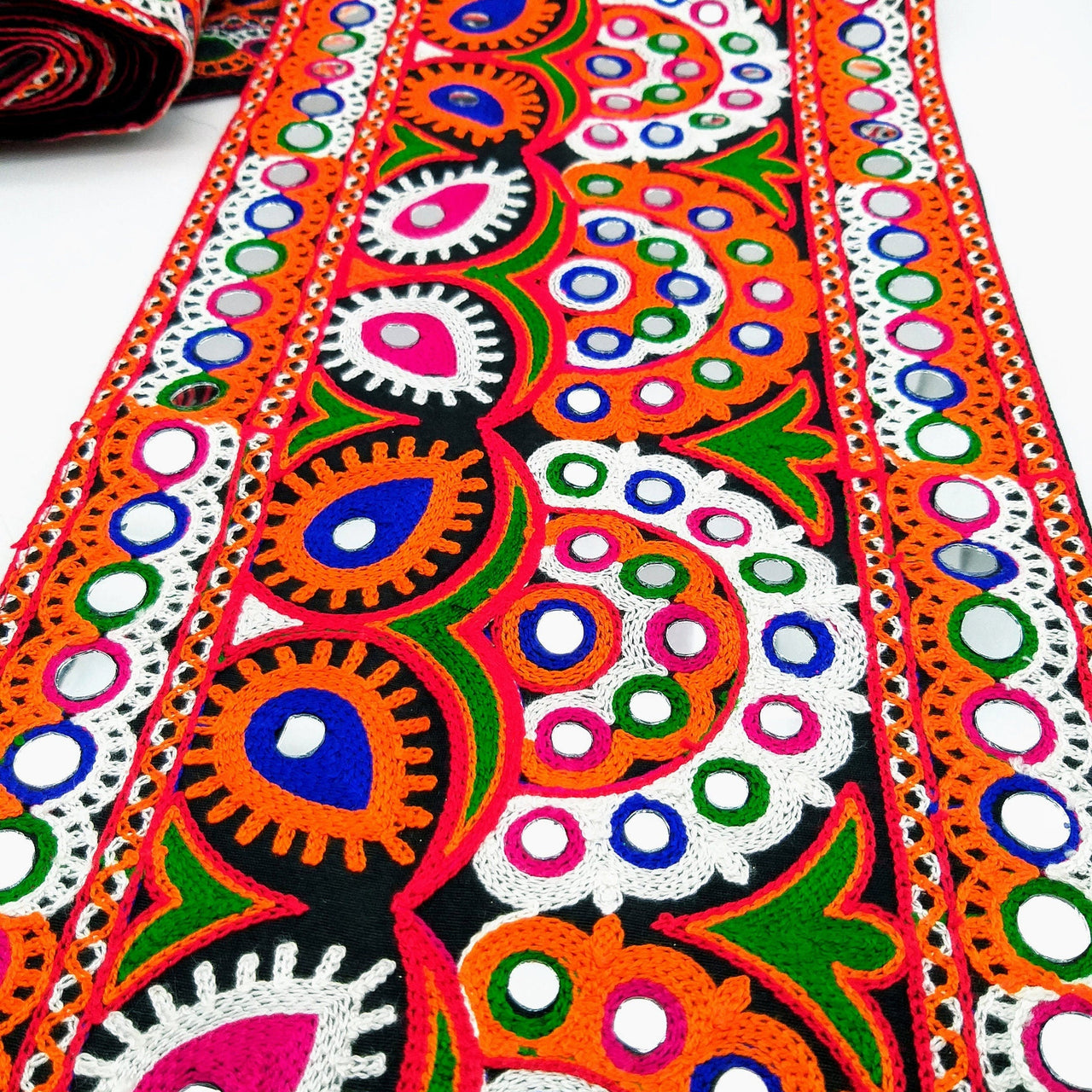Black Cotton Fabric Trim with Multicolor Embroidery and Real Mirror, Kutch Embroidery Trim, Paisley Decorative Border
