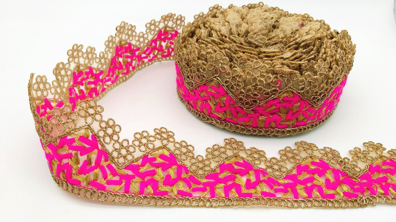 Gold Sheer Tissue Fabric Cutwork Trim with Embroidery in Gold and Fuchsia Pink, Scallop Trim, Fringe Trim