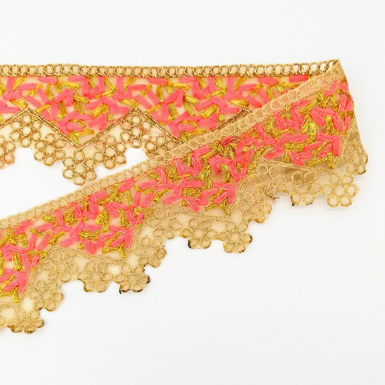 Gold Sheer Tissue Fabric Cutwork Trim with Embroidery in Gold and Salmon Pink, Scallop Trim, Fringe Trim