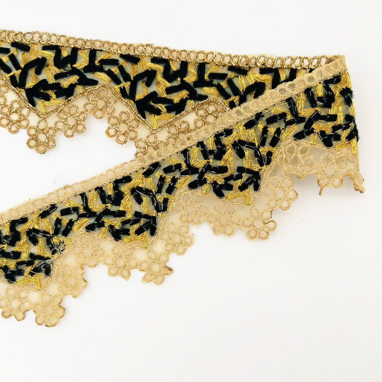 Gold Sheer Tissue Fabric Cutwork Trim with Embroidery in Gold and Black, Scallop Trim, Fringe Trim