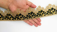 Thumbnail for Gold Sheer Tissue Fabric Cutwork Trim with Embroidery in Gold and Black, Scallop Trim, Fringe Trim