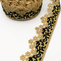 Thumbnail for Gold Sheer Tissue Fabric Cutwork Trim with Embroidery in Gold and Black, Scallop Trim, Fringe Trim