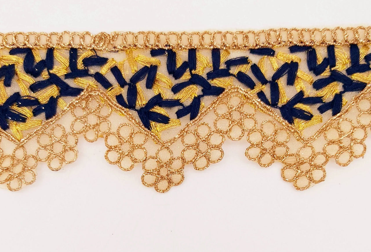 Gold Sheer Tissue Fabric Cutwork Trim with Embroidery in Gold and Navy Blue, Scallop Trim, Fringe Trim