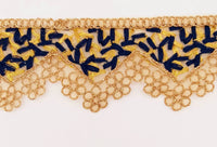 Thumbnail for Gold Sheer Tissue Fabric Cutwork Trim with Embroidery in Gold and Navy Blue, Scallop Trim, Fringe Trim