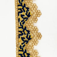 Thumbnail for Gold Sheer Tissue Fabric Cutwork Trim with Embroidery in Gold and Navy Blue, Scallop Trim, Fringe Trim