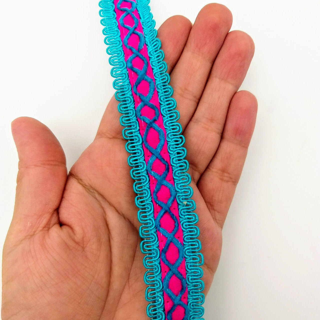 Fuchsia Pink Cotton Fabric Lace Trim with Blue Thread Embroidery, Trim By 3 Yards, Craft Decorative Ribbon