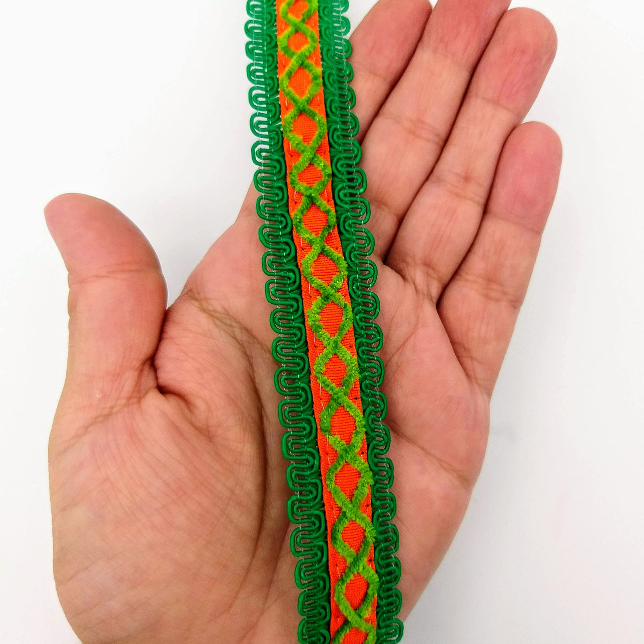 Orange Cotton Fabric Lace Trim with Green Thread Embroidery, Trim By 3 Yards, Craft Decorative Ribbon