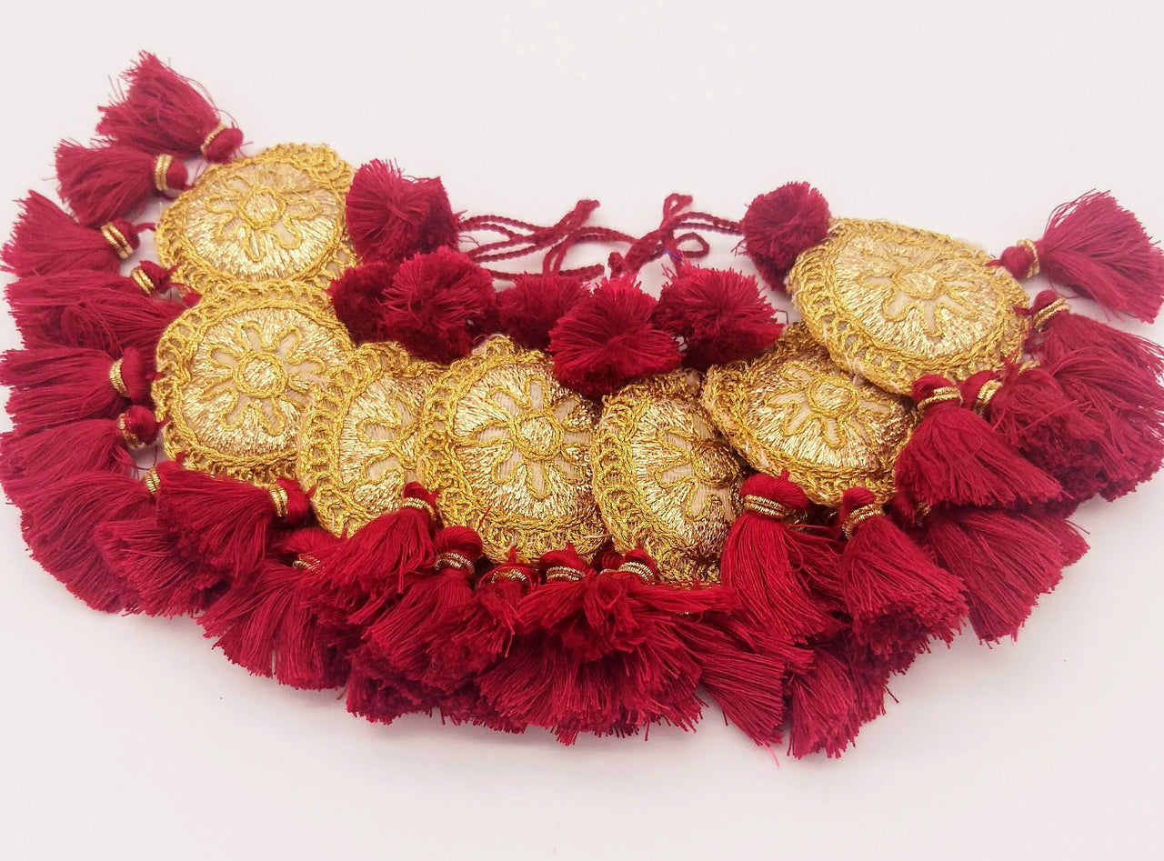 Set of 2 Embroidered Tassels, Maroon Red and Gold Tassels, Indian Tassels