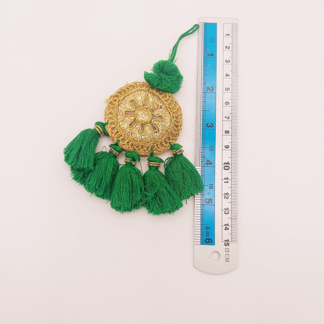 Set of 2 Embroidered Tassels, Green and Gold Tassels, Indian Tassels