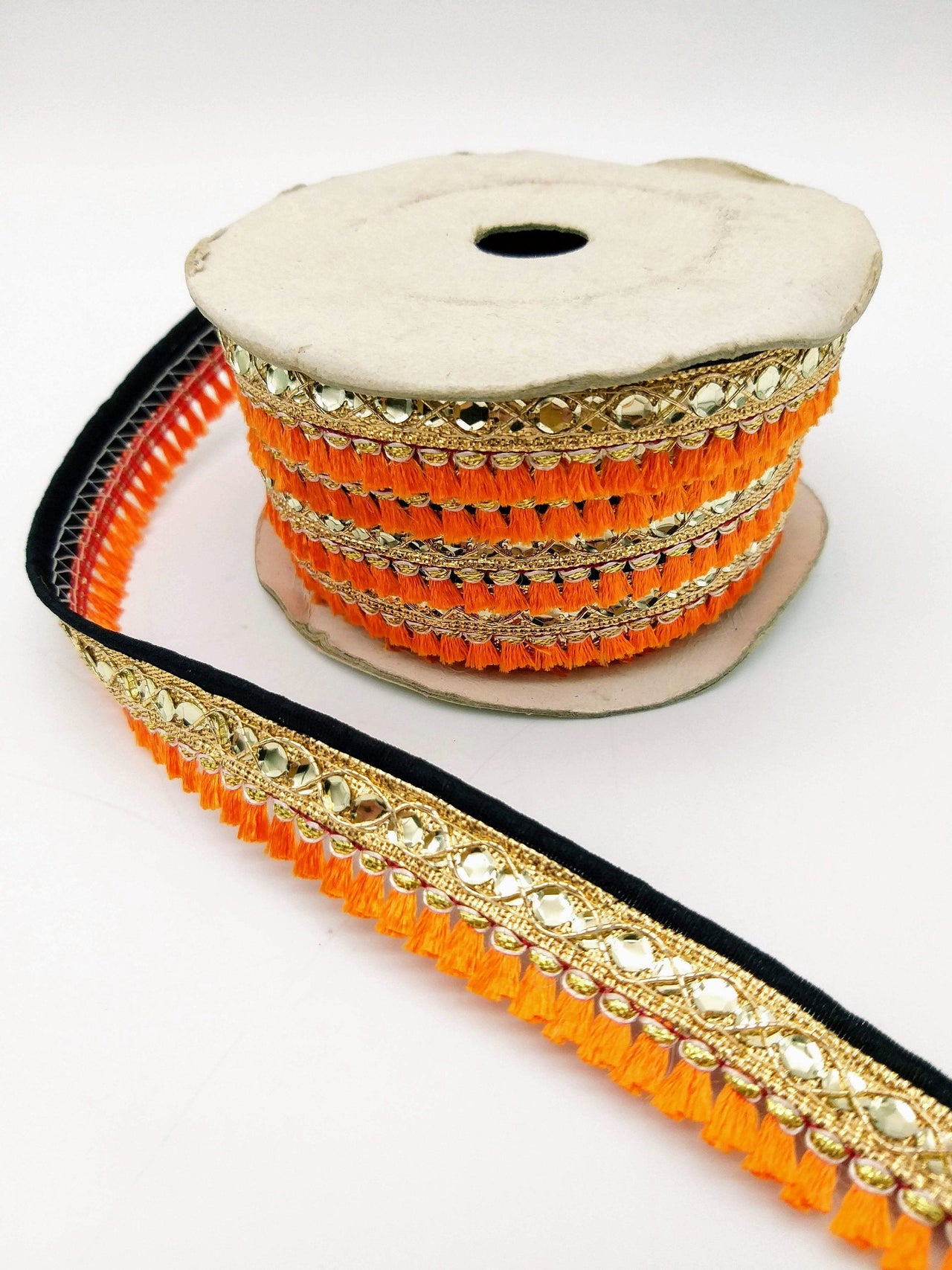 Orange Tassels Trim, Black and Gold Fringe Trim, Beaded Trim, Sari Trim, Decorative Trim, Fringing Tape Trim By 3 Yards