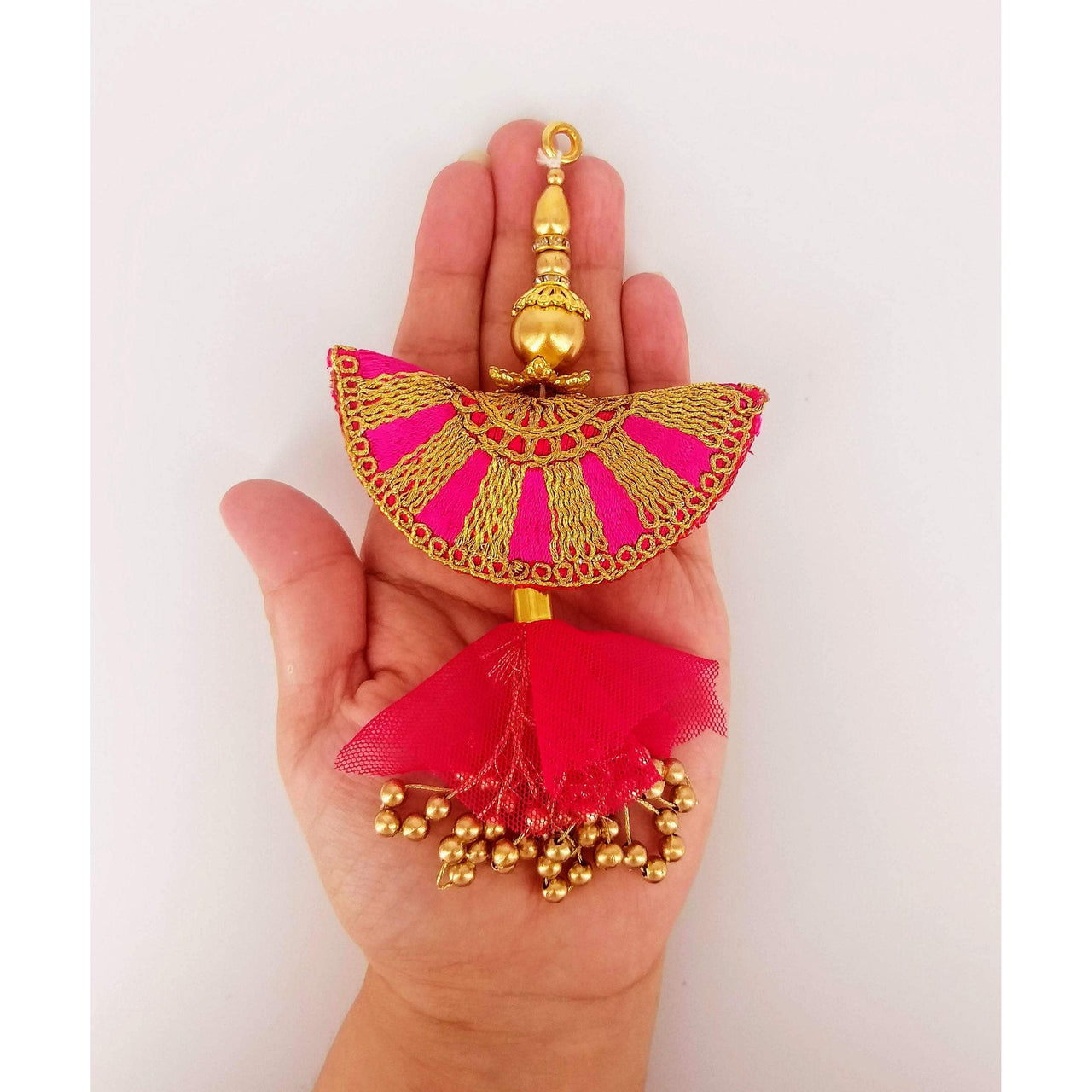 Fuchsia Pink Art Silk Fabric Tassel With Antique Gold Embroidery & Beads, Wedding Lehenga, Dress Blouses, Indian Embellishment