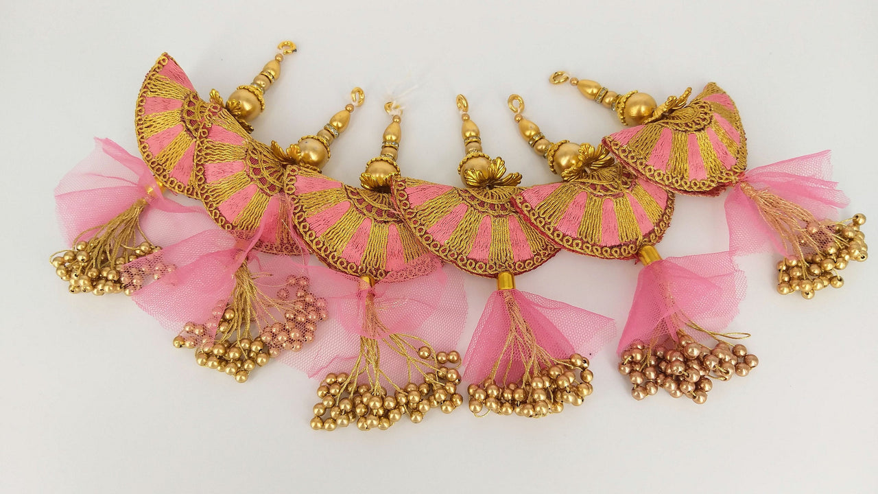 Pink Art Silk Fabric Tassel With Antique Gold Embroidery & Beads, Wedding Lehenga, Dress Blouses, Indian Embellishment