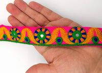 Thumbnail for Fuchsia Pink Mirrored Fabric Trim With Yellow, Green, Blue And Orange Embroidery, Approx. 26mm Wide, Trim By Yard, Embroidered Trimming