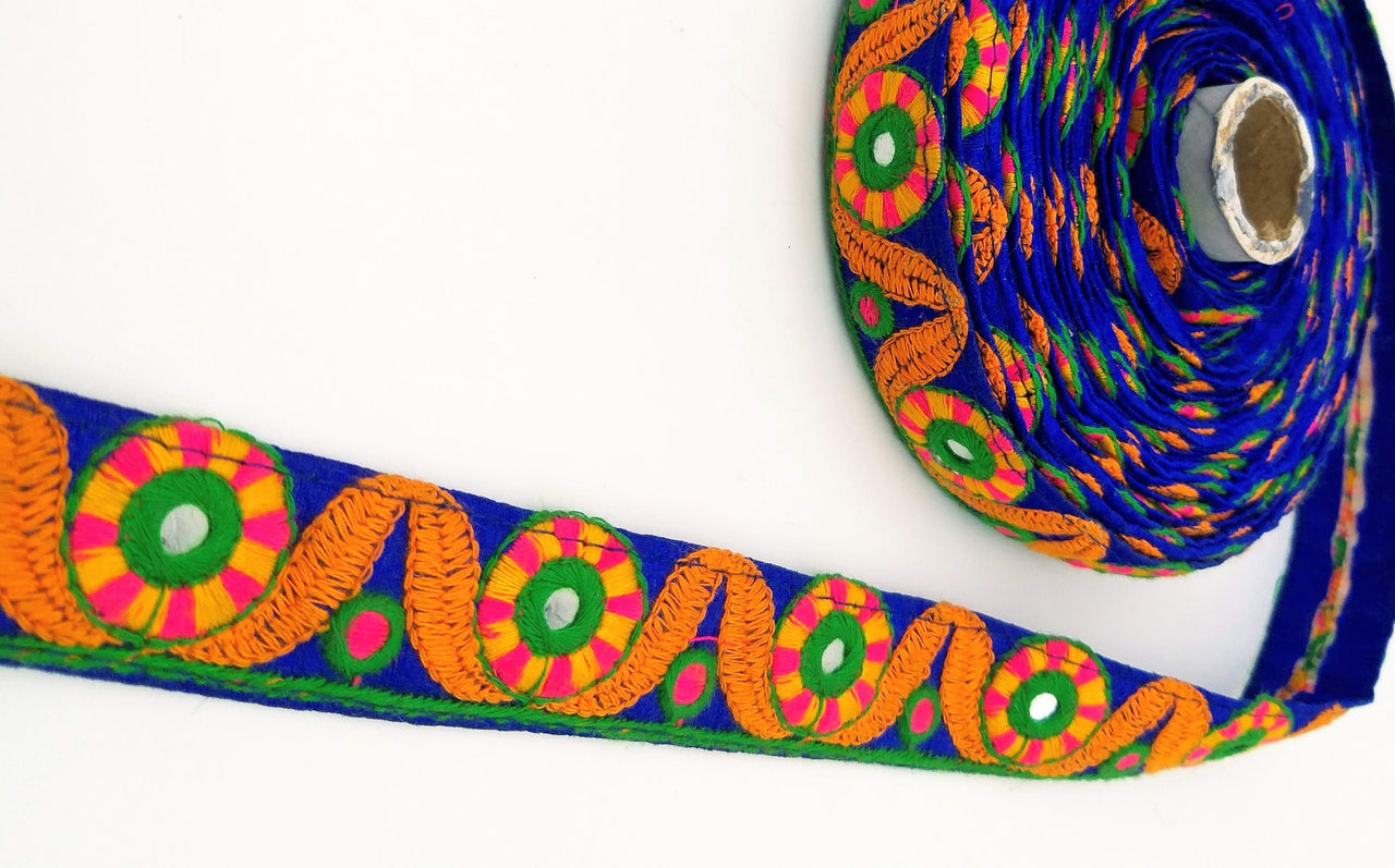 Royal Blue Mirrored Fabric Trim With Orange, Yellow, Green And Pink Embroidery