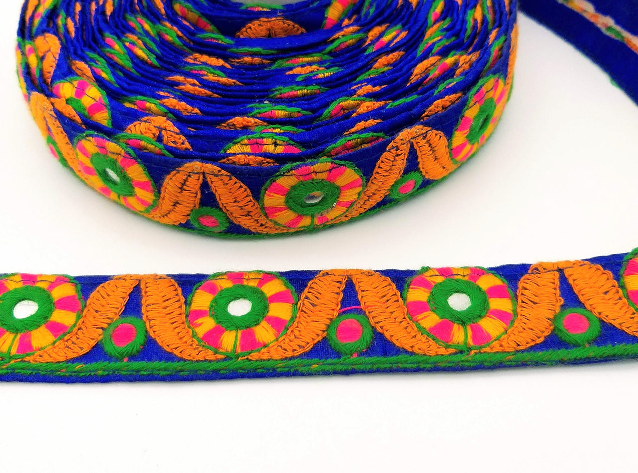 Royal Blue Mirrored Fabric Trim With Orange, Yellow, Green And Pink Embroidery