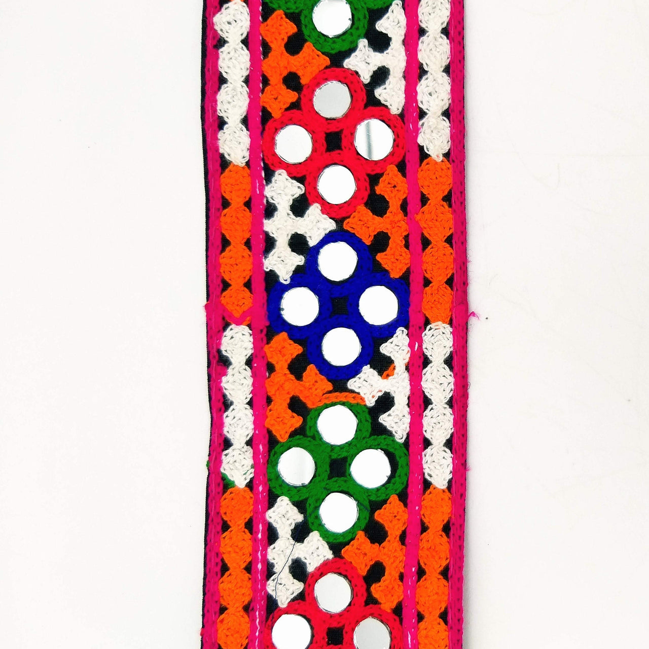 Black Cotton Fabric Trim with Multicolor Embroidery and Real Mirror, Kutch Embroidery Trim, Mirror Lace