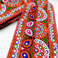 Thumbnail for Black Cotton Fabric Trim with Multicolor Embroidery and Real Mirror, Kutch Embroidery Trim, Paisley Decorative Border