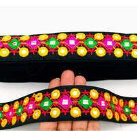 Thumbnail for Black Multicoloured Indian Mirror Trim, Kutch Embroidered Navratri Garba Dress Trim Bridal Lace, Indian Sari Border 38 mm Wide Trim Per Yard