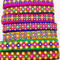 Thumbnail for Black Multicoloured Indian Mirror Trim, Kutch Embroidered Navratri Garba Dress Trim Bridal Lace, Indian Sari Border 38 mm Wide Trim Per Yard