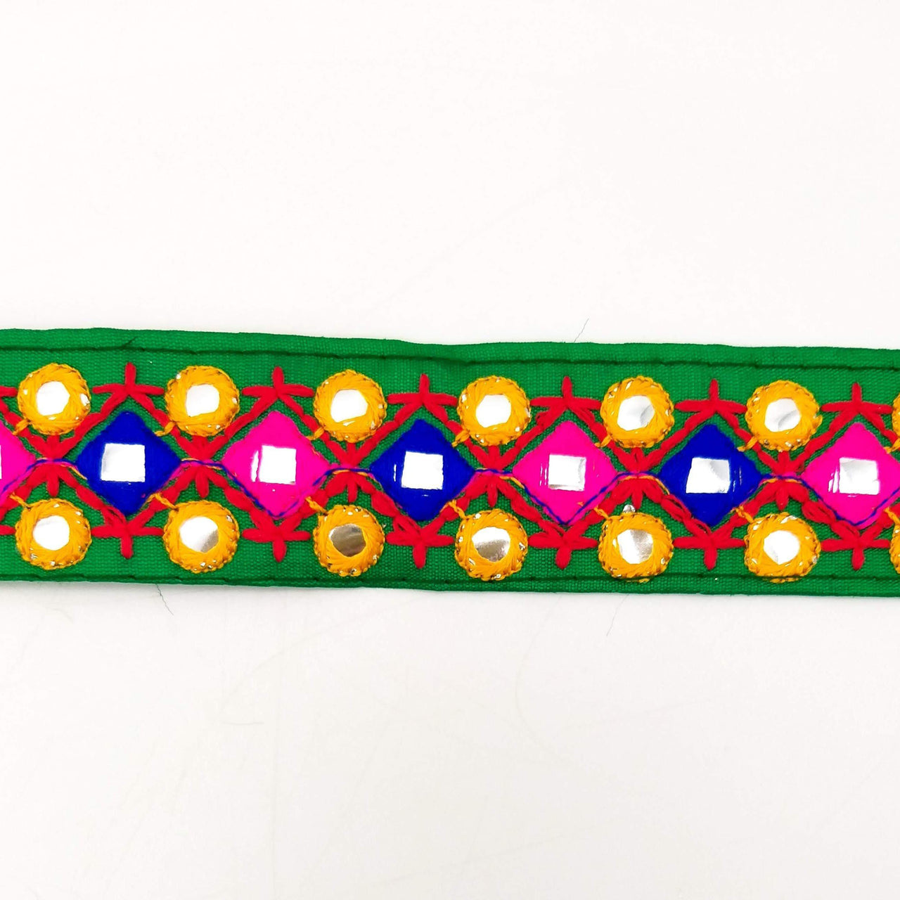 Green Multicoloured Indian Mirror Trim, Kutch Embroidered Navratri Garba Dress Trim Bridal Lace, Indian Sari Border 35 mm Wide Trim Per Yard