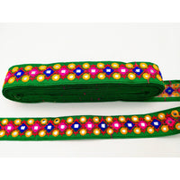Thumbnail for Green Multicoloured Indian Mirror Trim, Kutch Embroidered Navratri Garba Dress Trim Bridal Lace, Indian Sari Border 35 mm Wide Trim Per Yard
