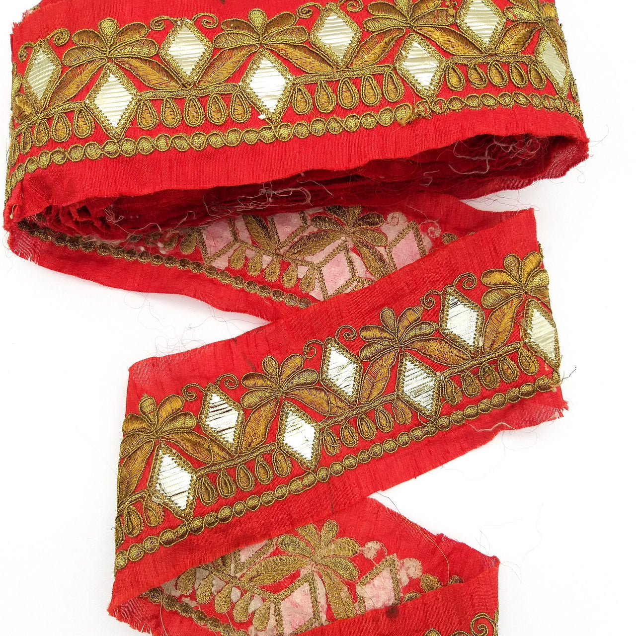 Trim By 9 Yard Maroon Red Art Silk Fabric Trim, Gold Floral Embroidery Gota Patti Sari Border Decorative Trim Craft Lace