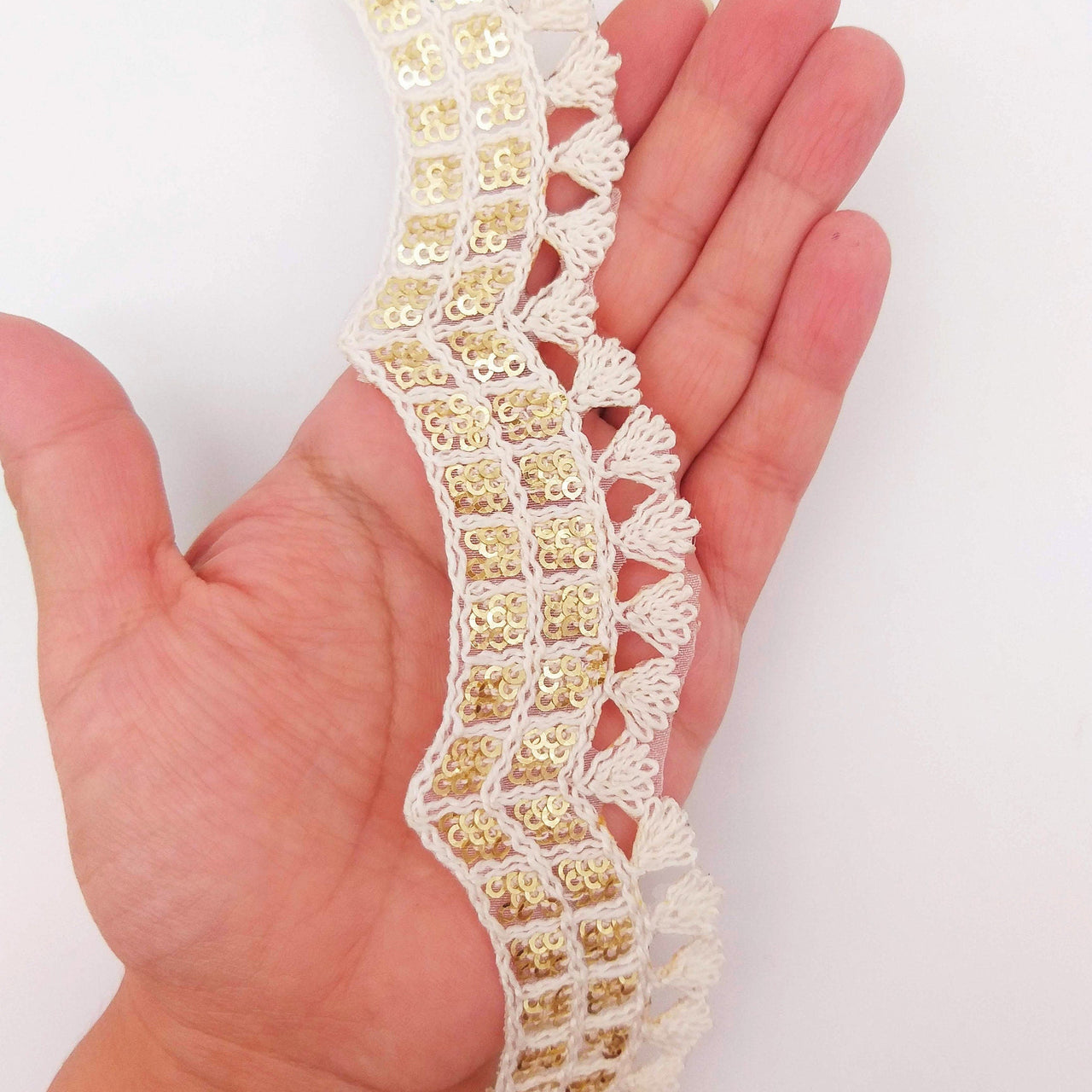 Nine Yards Off White Scallop Lace Trim Embroidered with Gold Sequins, Cutwork Trim, Scallops Wedding Trim