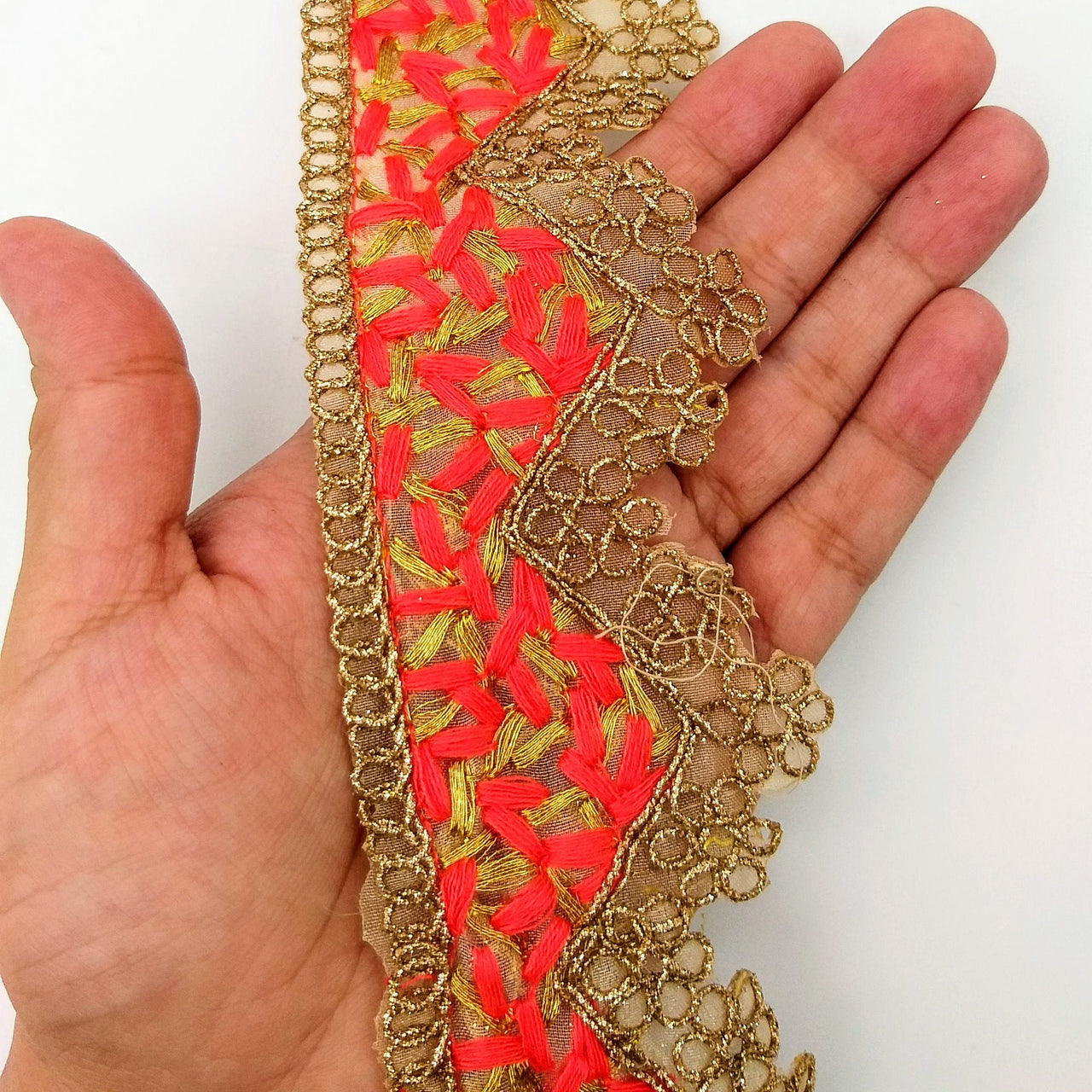 Gold Sheer Tissue Fabric Cutwork Trim with Embroidery in Gold and Orange, Scallop Trim, Fringe Trim