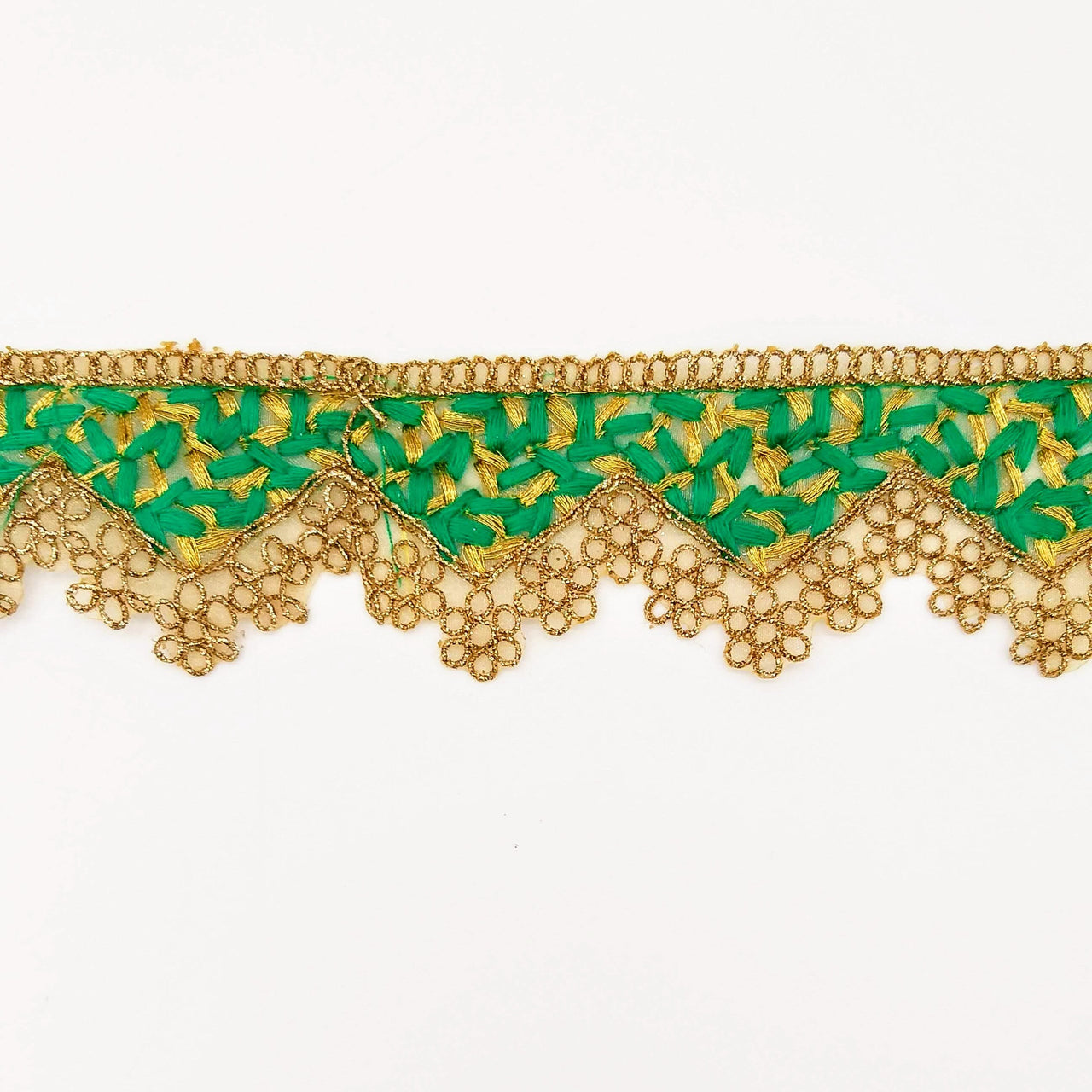 Gold Sheer Tissue Fabric Cutwork Trim with Embroidery in Gold and Green, Scallop Trim, Fringe Trim