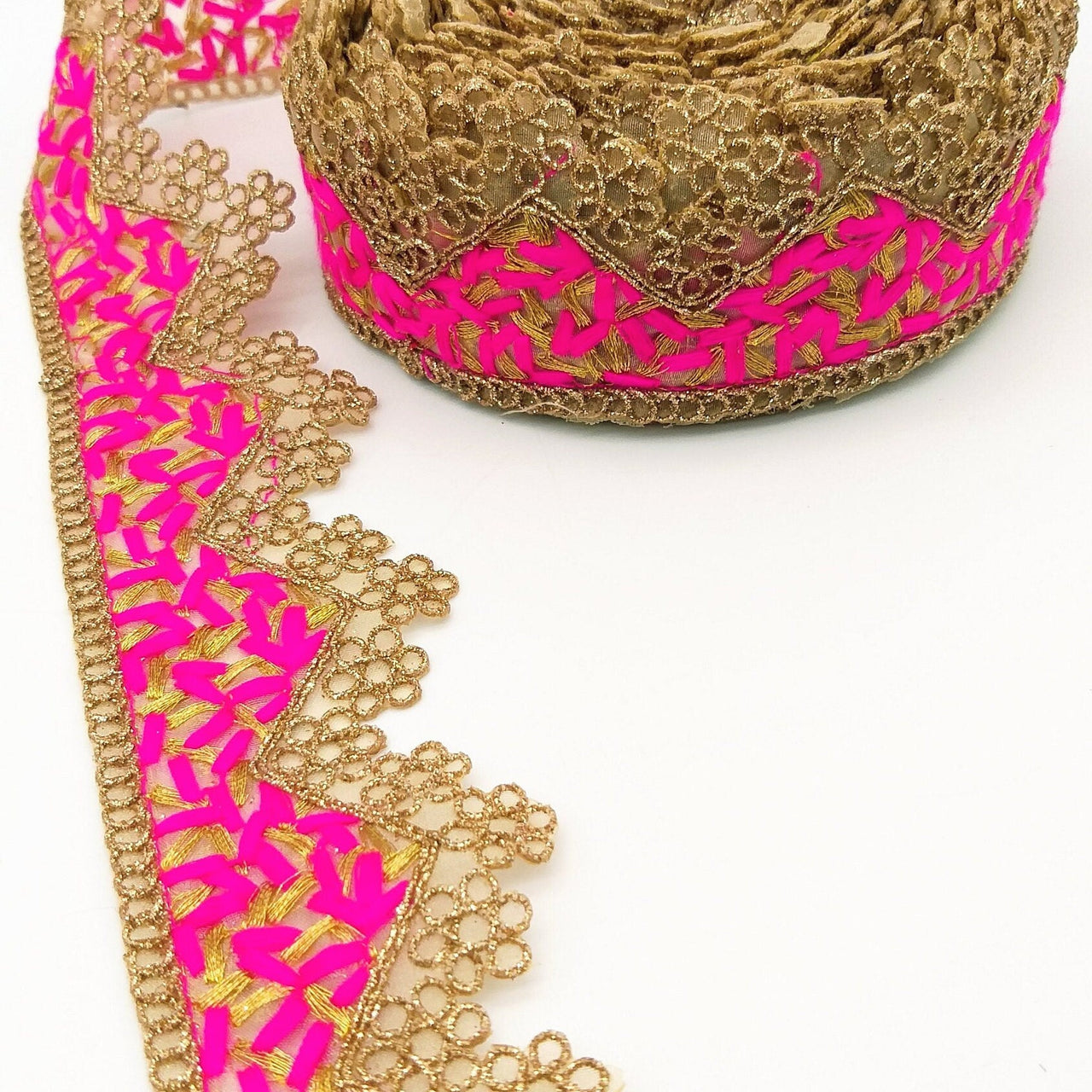 Gold Sheer Tissue Fabric Cutwork Trim with Embroidery in Gold and Fuchsia Pink, Scallop Trim, Fringe Trim