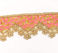Thumbnail for Gold Sheer Tissue Fabric Cutwork Trim with Embroidery in Gold and Salmon Pink, Scallop Trim, Fringe Trim