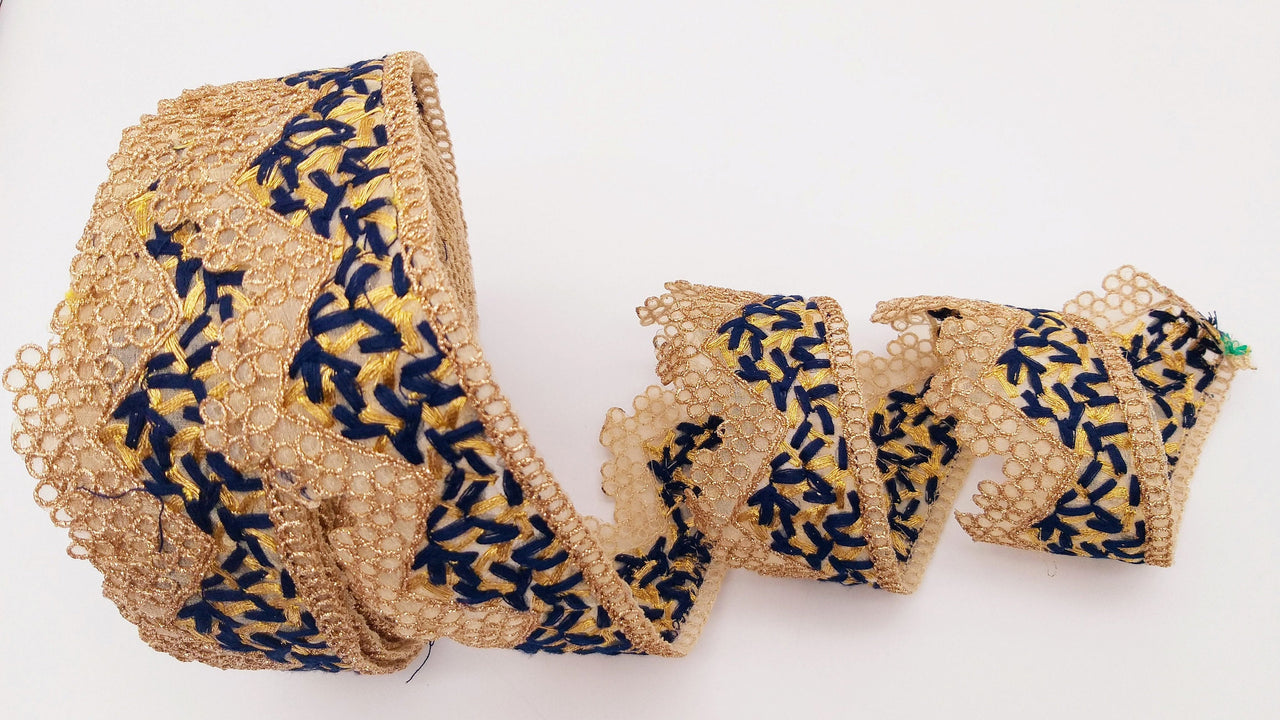 Gold Sheer Tissue Fabric Cutwork Trim with Embroidery in Gold and Navy Blue, Scallop Trim, Fringe Trim