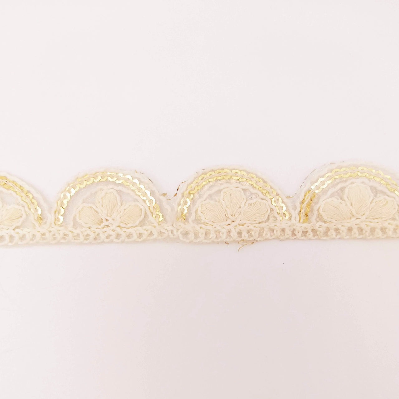 Off White Scallop Lace Trim Embroidered with Gold Sequins, Cutwork Trim, Scallops Wedding Trim