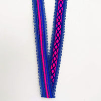 Thumbnail for Fuchsia Pink Cotton Fabric Lace Trim with Royal Blue Thread Embroidery, Trim By 3 Yards, Craft Decorative Ribbon