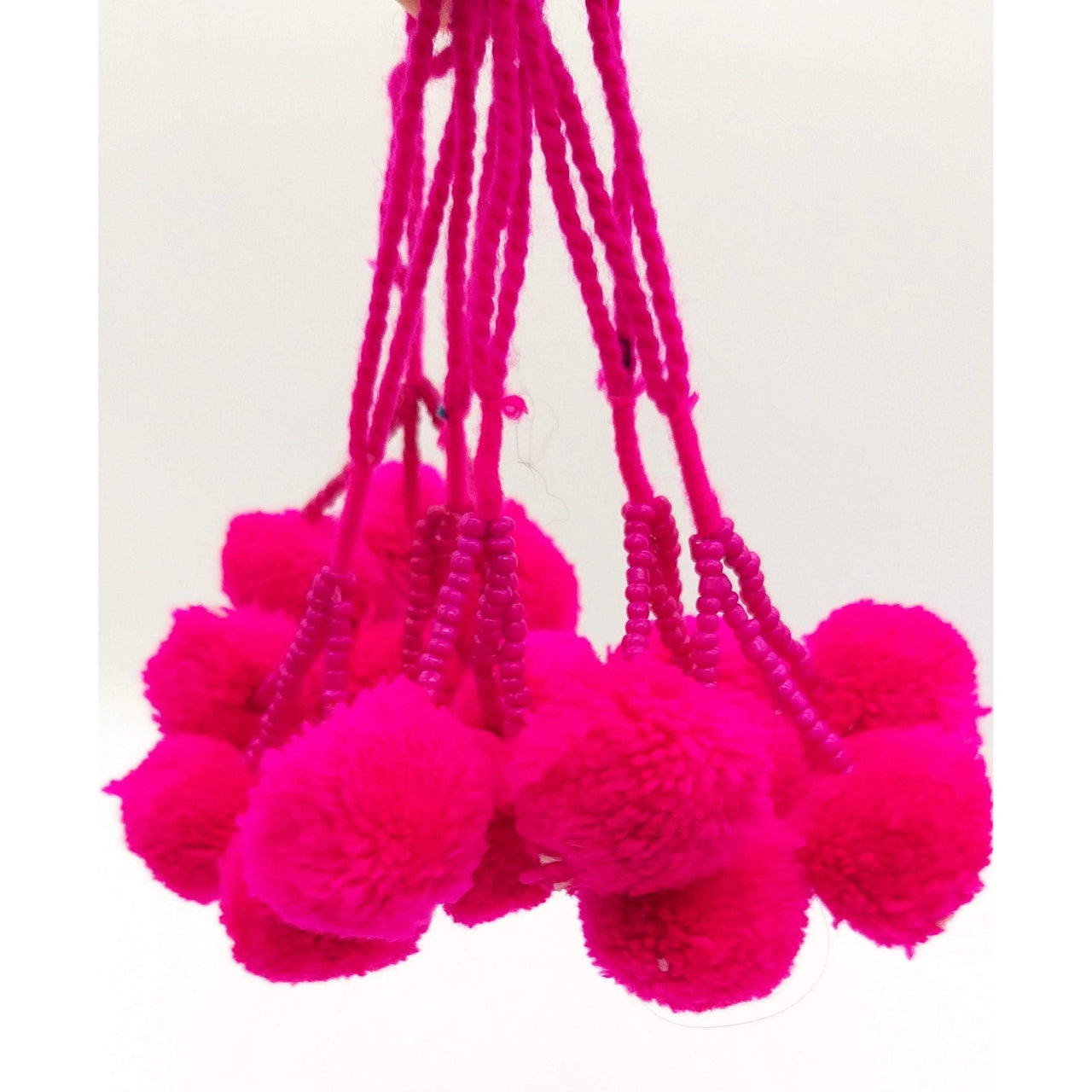 Fuchsia Pink Beaded Pom-Pom Tassels Latkan, Pompom Decorations, Pom poms