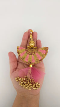 Thumbnail for Pink Art Silk Fabric Tassel With Antique Gold Embroidery & Beads, Wedding Lehenga, Dress Blouses, Indian Embellishment