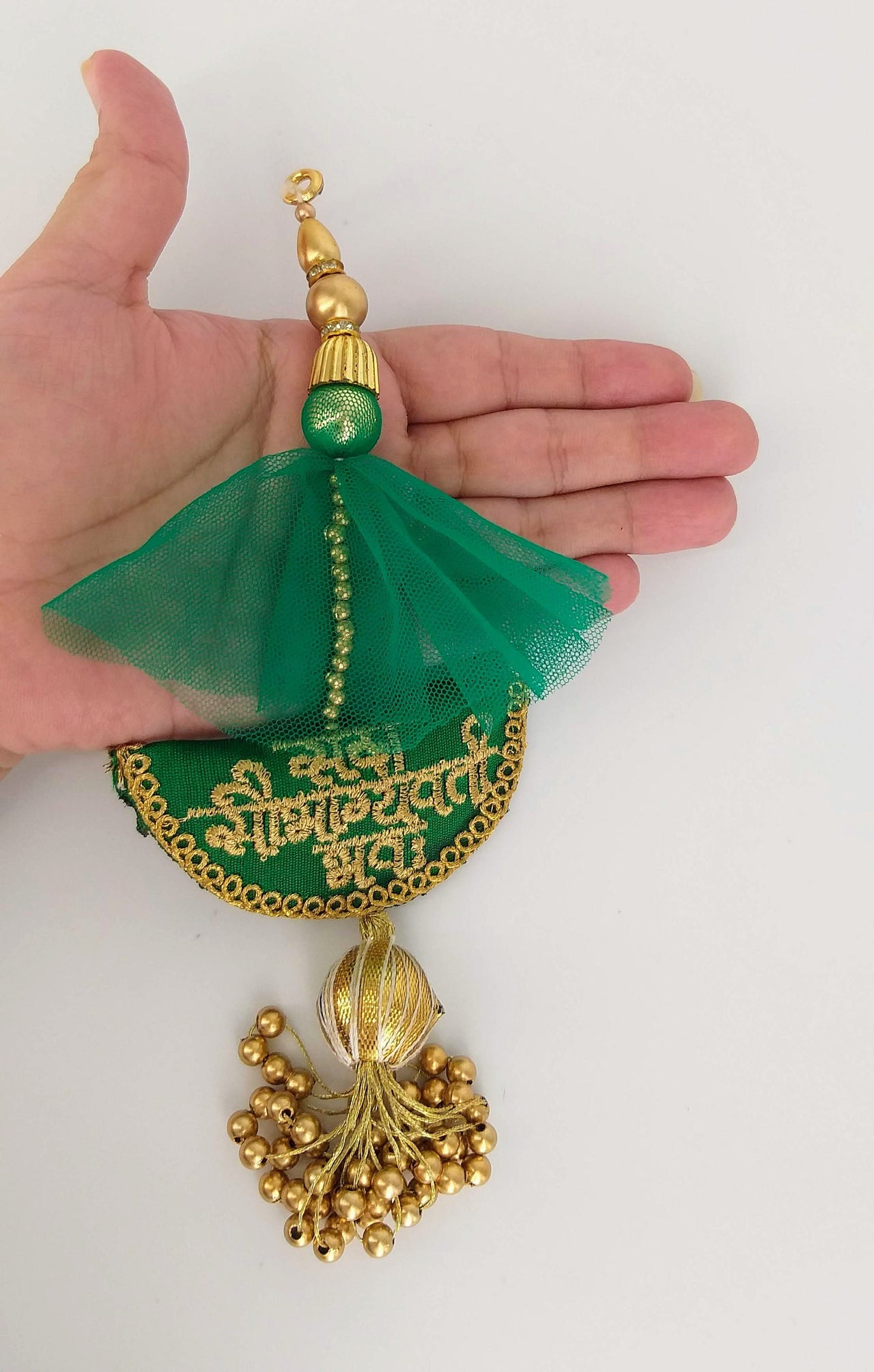 Green Art Silk Fabric Tassel With Antique Gold Embroidery & Beads, Wedding Lehenga, Dress Blouses
