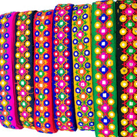 Thumbnail for Pink Multicoloured Indian Mirror Trim Kutch Embroidered Navratri Garba Dress Trim Bridal Lace, Indian Sari Border 34 mm Wide Trim Per Yard