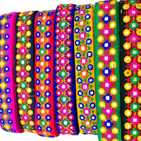 Thumbnail for Blue Multicoloured Indian Mirror Trim Kutch Embroidered Navratri Garba Dress Trim Bridal Lace, Indian Sari Border 34 mm Wide Trim Per Yard
