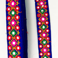 Thumbnail for Blue Multicoloured Indian Mirror Trim Kutch Embroidered Navratri Garba Dress Trim Bridal Lace, Indian Sari Border 34 mm Wide Trim Per Yard
