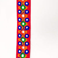 Thumbnail for Red Multicoloured Indian Mirror Trim Kutch Embroidered Navratri Garba Dress Trim Bridal Lace, Indian Sari Border 36 mm Wide Trim Per Yard