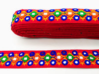 Thumbnail for Red Multicoloured Indian Mirror Trim Kutch Embroidered Navratri Garba Dress Trim Bridal Lace, Indian Sari Border 36 mm Wide Trim Per Yard