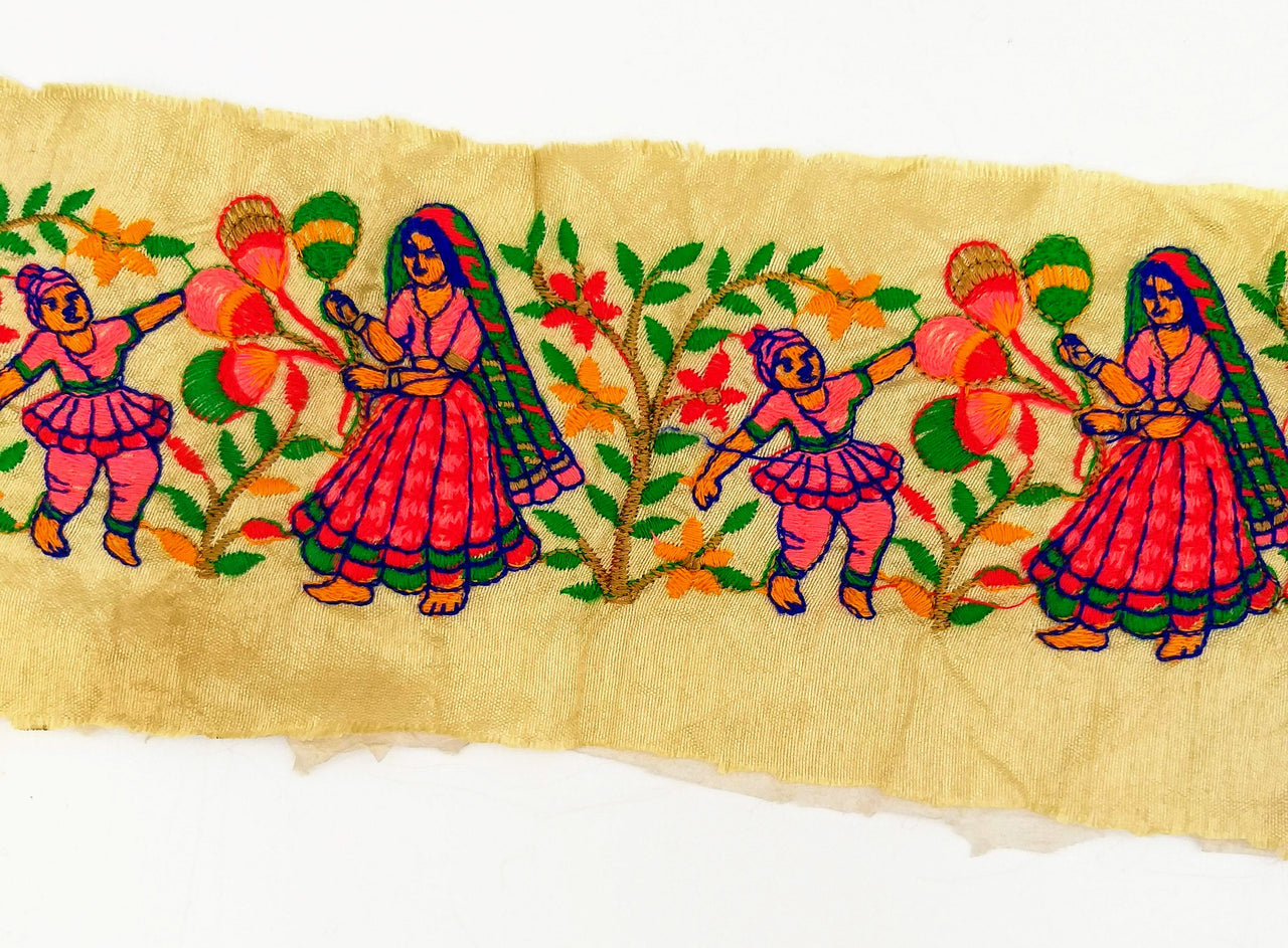 Beige Art Silk Fabric Trim With Village Scene Floral Embroidery Village Woman Balloon Seller and Kid Decorative Trim Sari Border Indian Trim