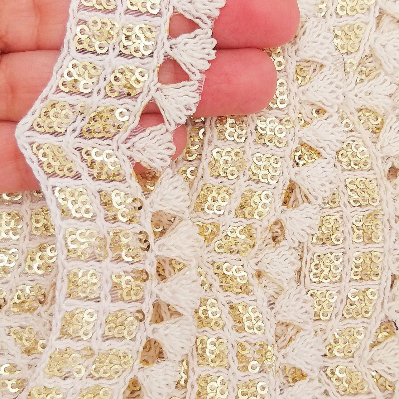 Nine Yards Off White Scallop Lace Trim Embroidered with Gold Sequins, Cutwork Trim, Scallops Wedding Trim