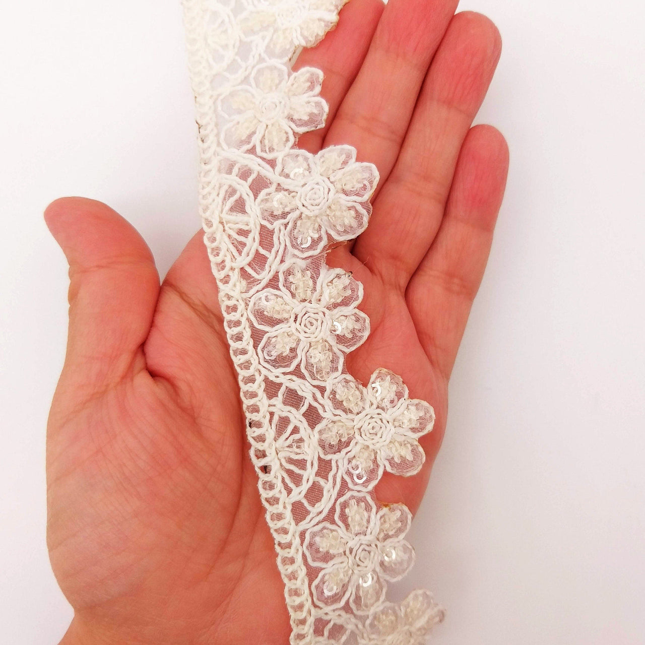 Nine Yards Off White Scallop Lace Trim Floral Embroidered, Cutwork Trim, Scallops Wedding Trim