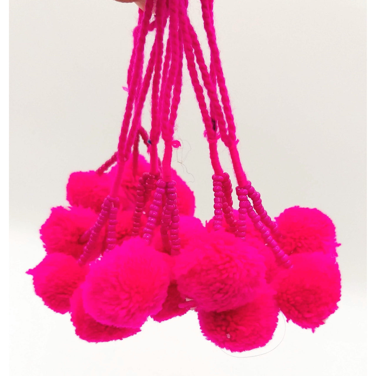 Fuchsia Pink Beaded Pom-Pom Tassels Latkan, Pompom Decorations, Pom poms